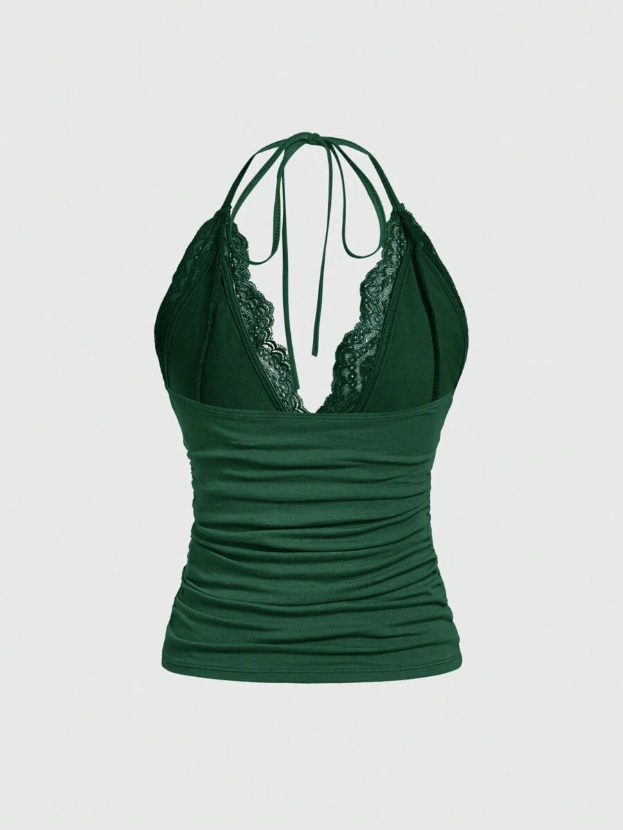 ROMWE PUNK Contrast Lace Ruched Halter Top
