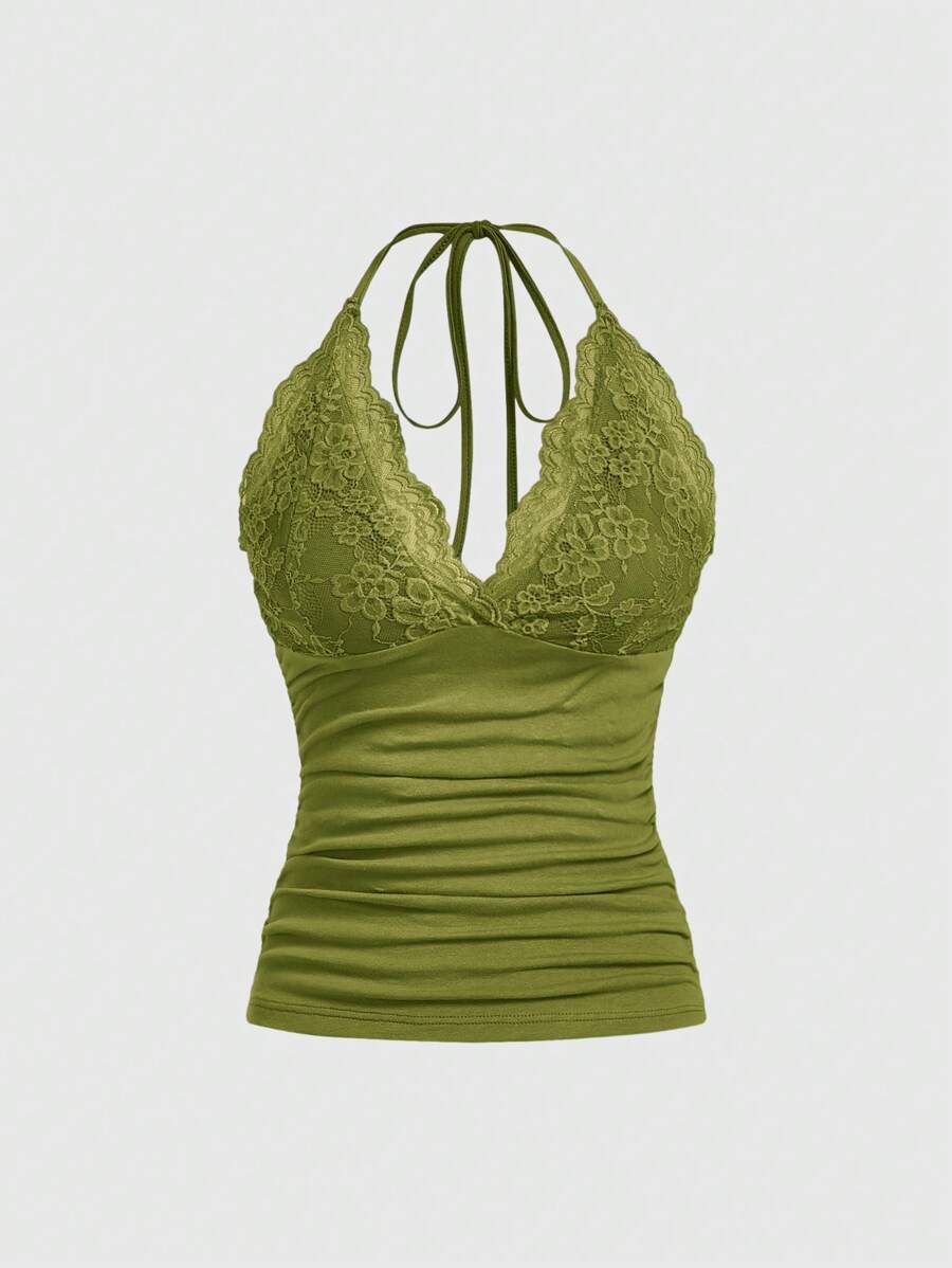 ROMWE PUNK Contrast Lace Ruched Halter Top