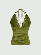 ROMWE PUNK Contrast Lace Ruched Halter Top