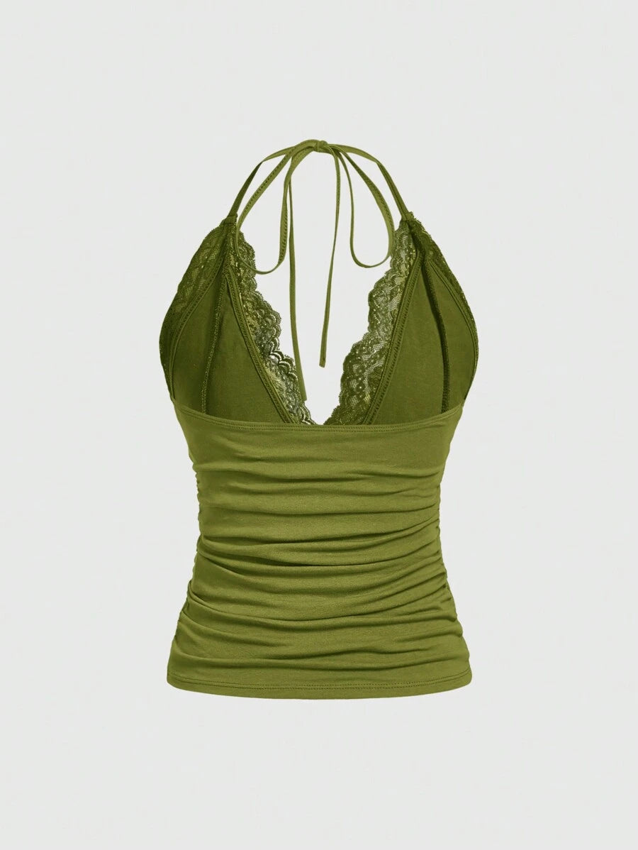 ROMWE PUNK Contrast Lace Ruched Halter Top