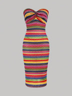 Sweetra Women's Color Block Twisted Strapless Dress, Suitable For Summer