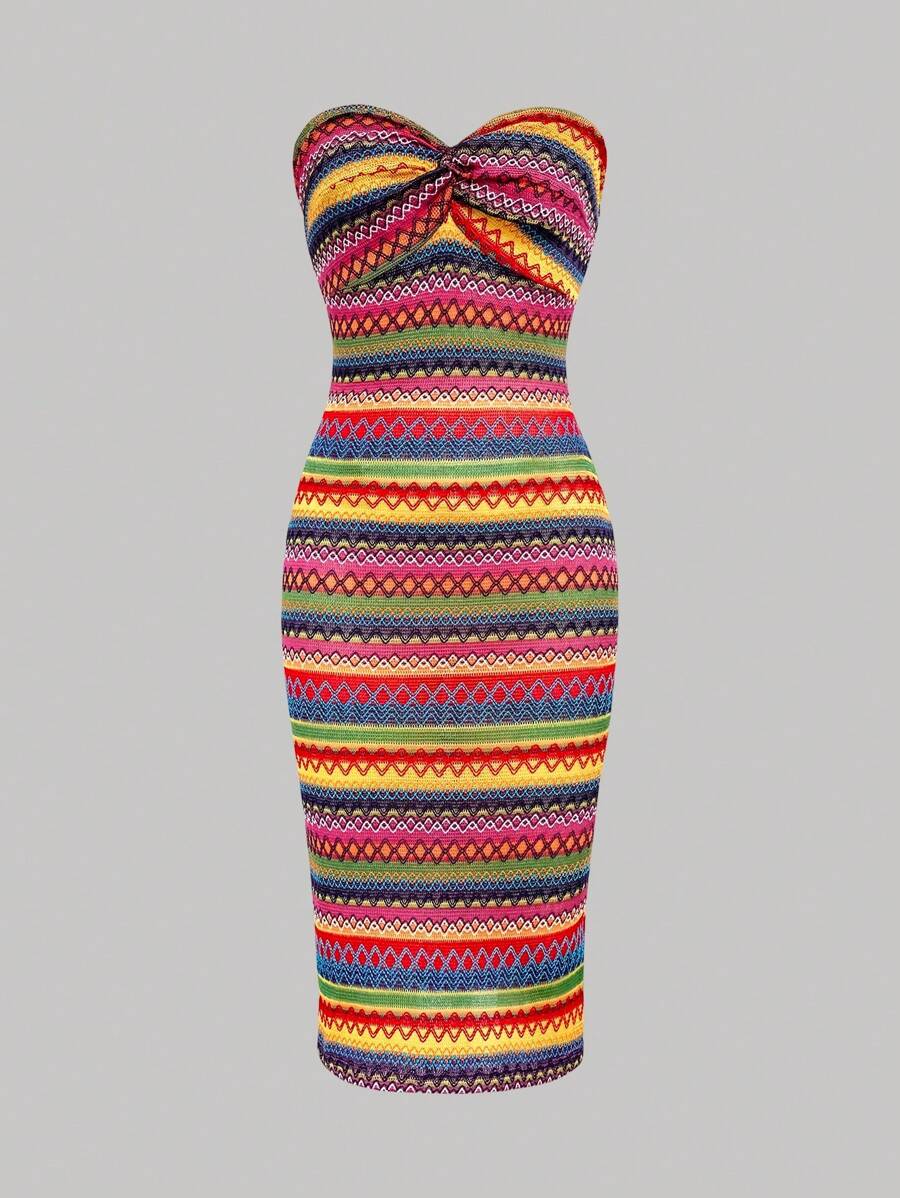 Sweetra Women's Color Block Twisted Strapless Dress, Suitable For Summer
