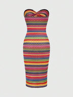 Sweetra Women's Color Block Twisted Strapless Dress, Suitable For Summer