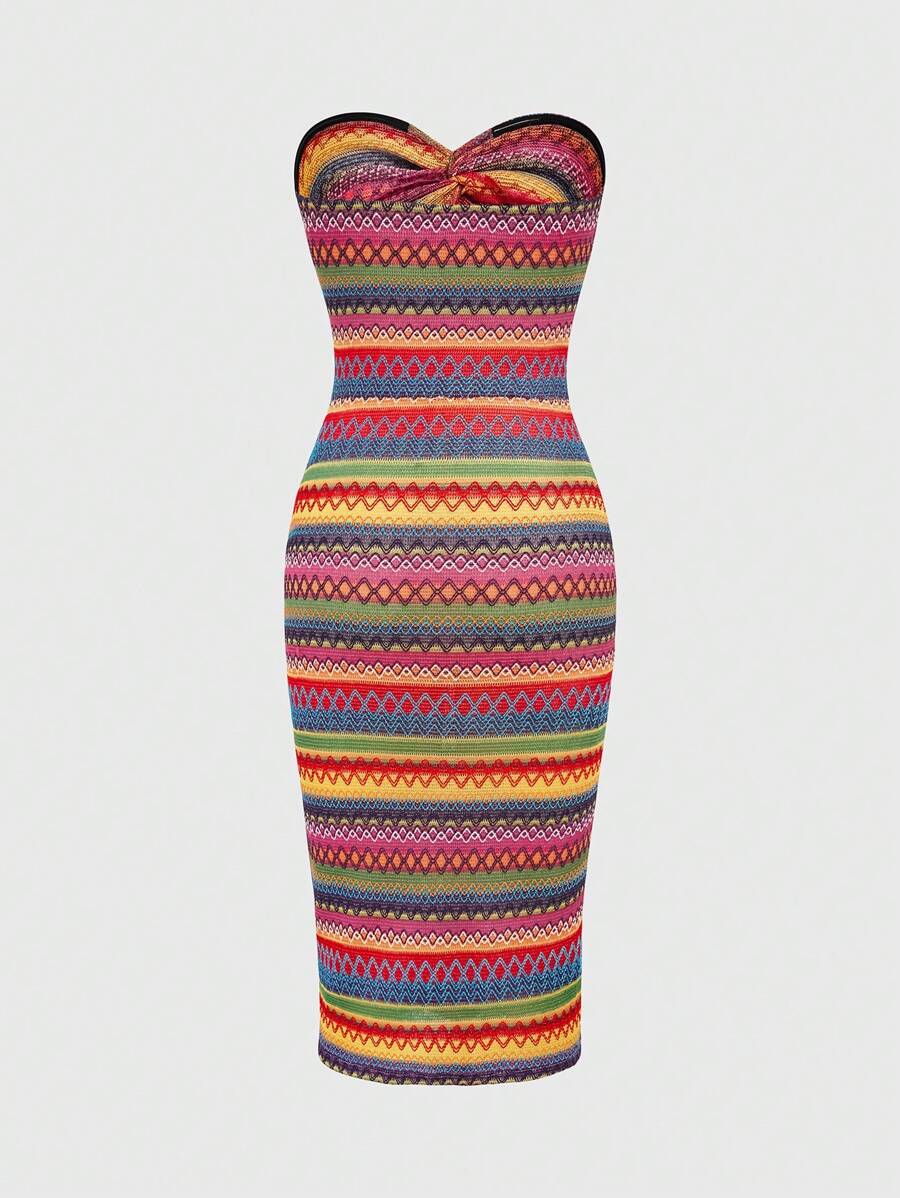 Sweetra Women's Color Block Twisted Strapless Dress, Suitable For Summer