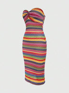 Sweetra Women's Color Block Twisted Strapless Dress, Suitable For Summer