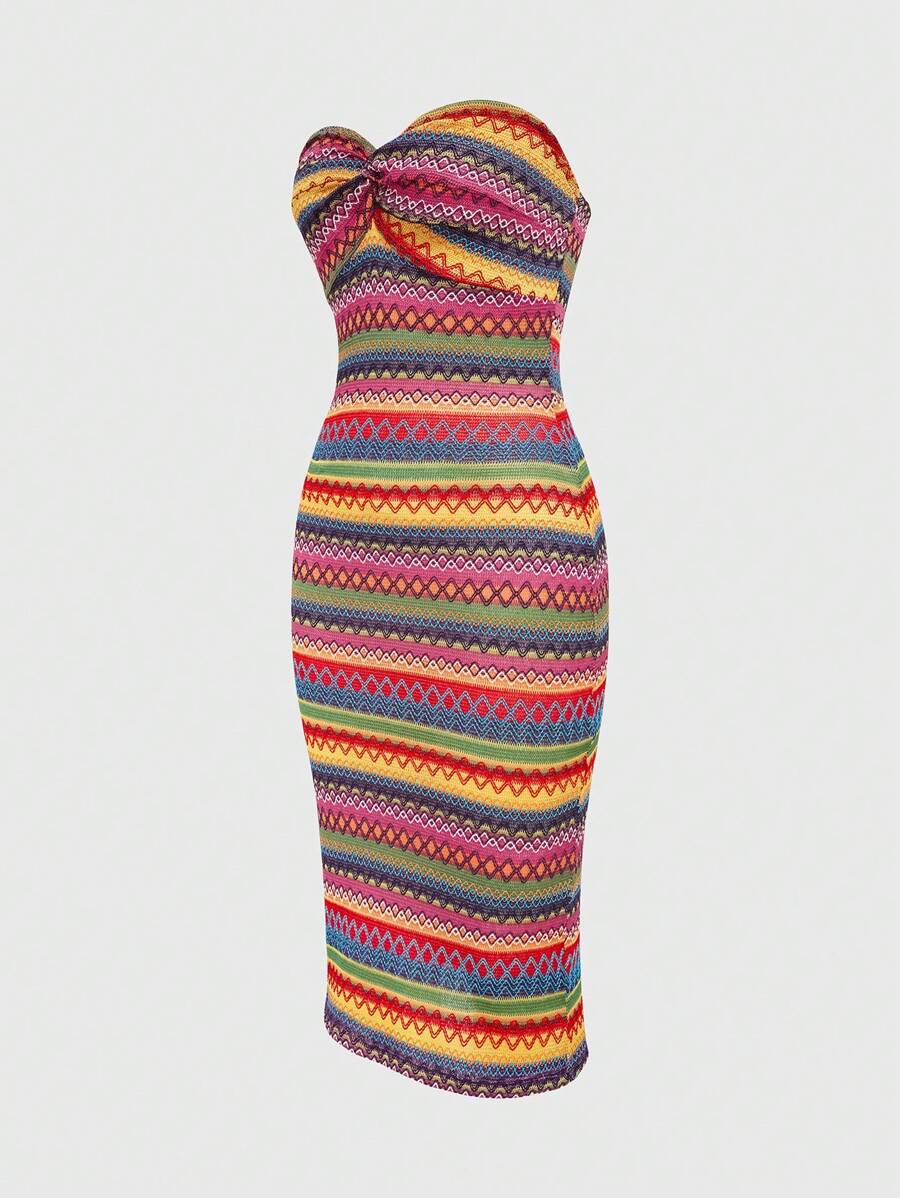 Sweetra Women's Color Block Twisted Strapless Dress, Suitable For Summer