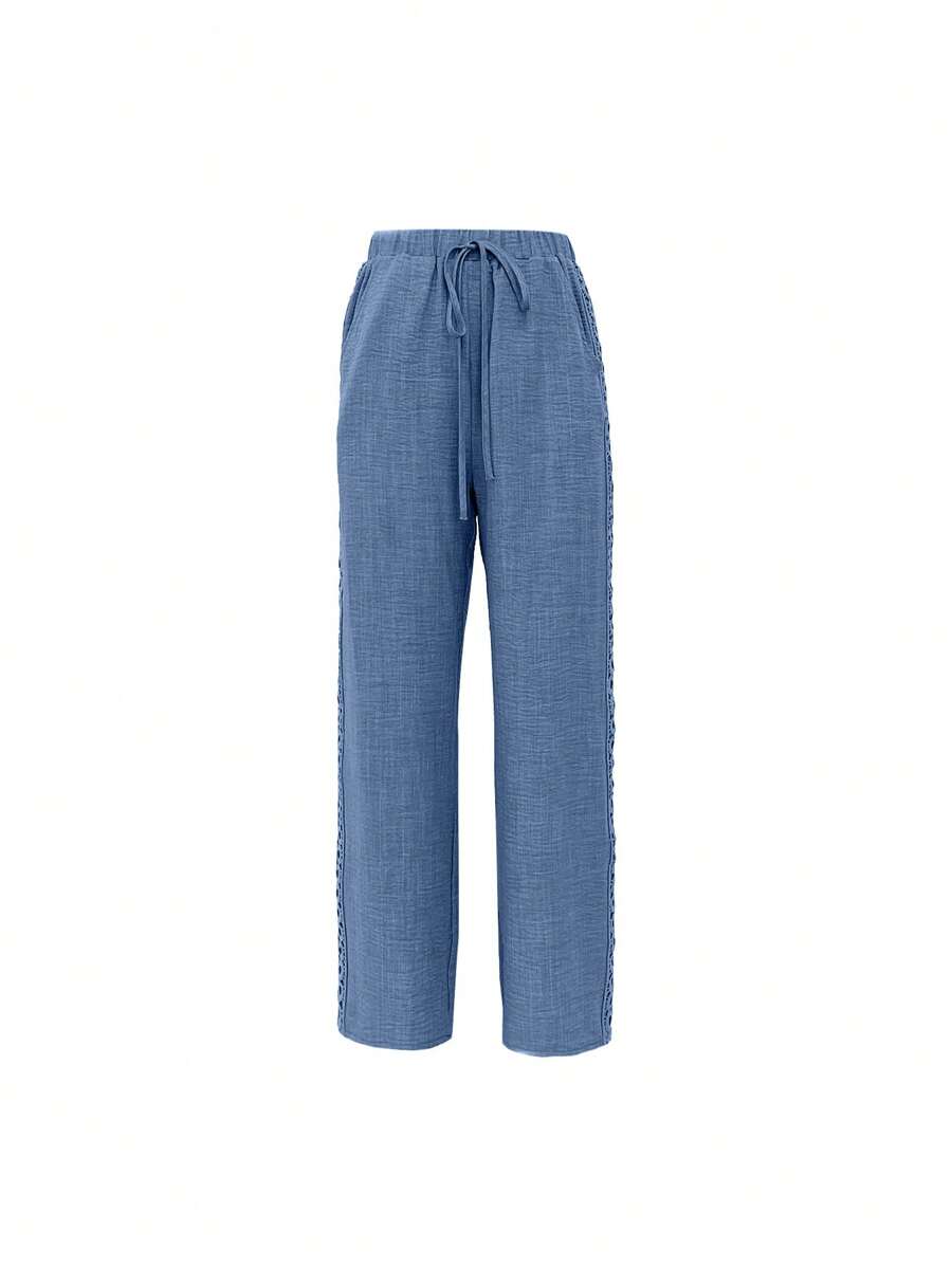 EMERY ROSE Women's Denim Effect Linen Blend Pants With Lace Hem Fall Cloth For Women