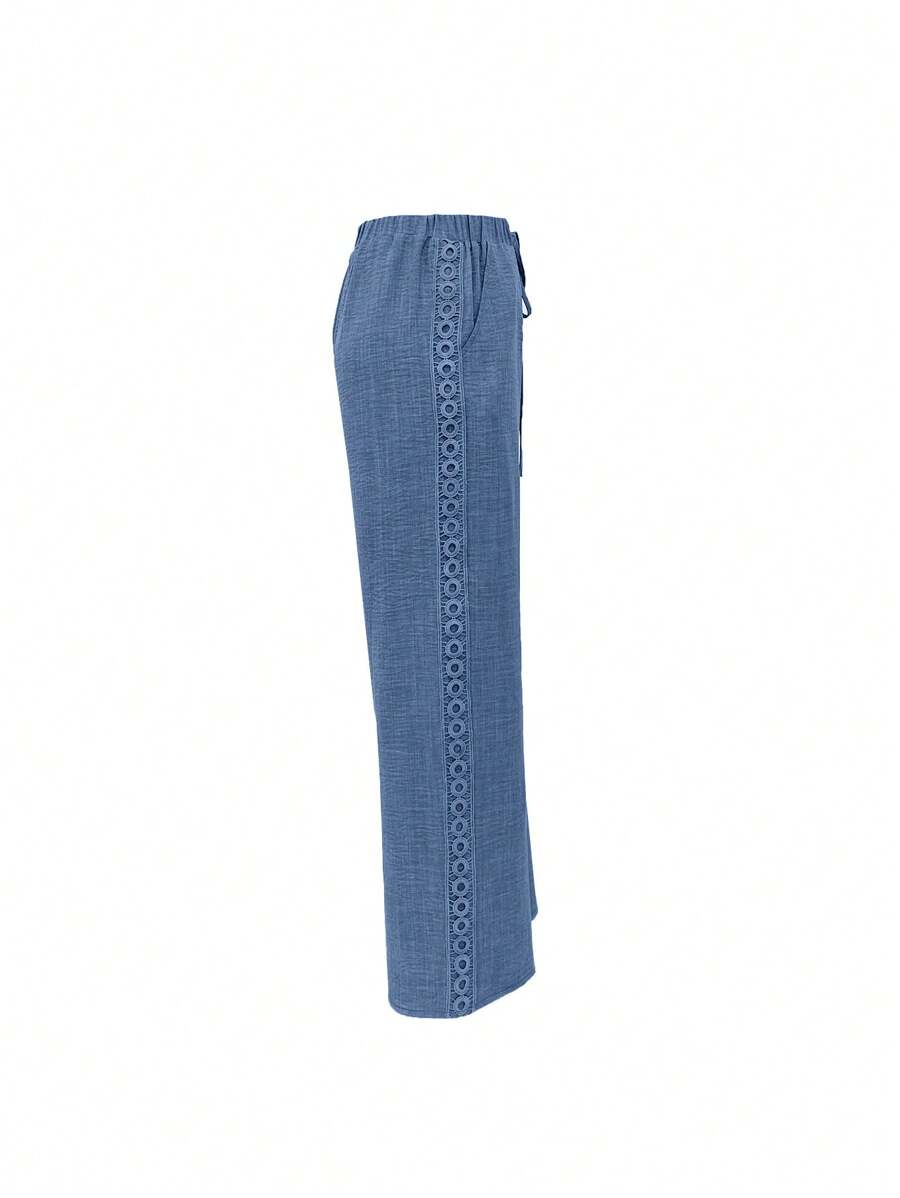 EMERY ROSE Women's Denim Effect Linen Blend Pants With Lace Hem Fall Cloth For Women