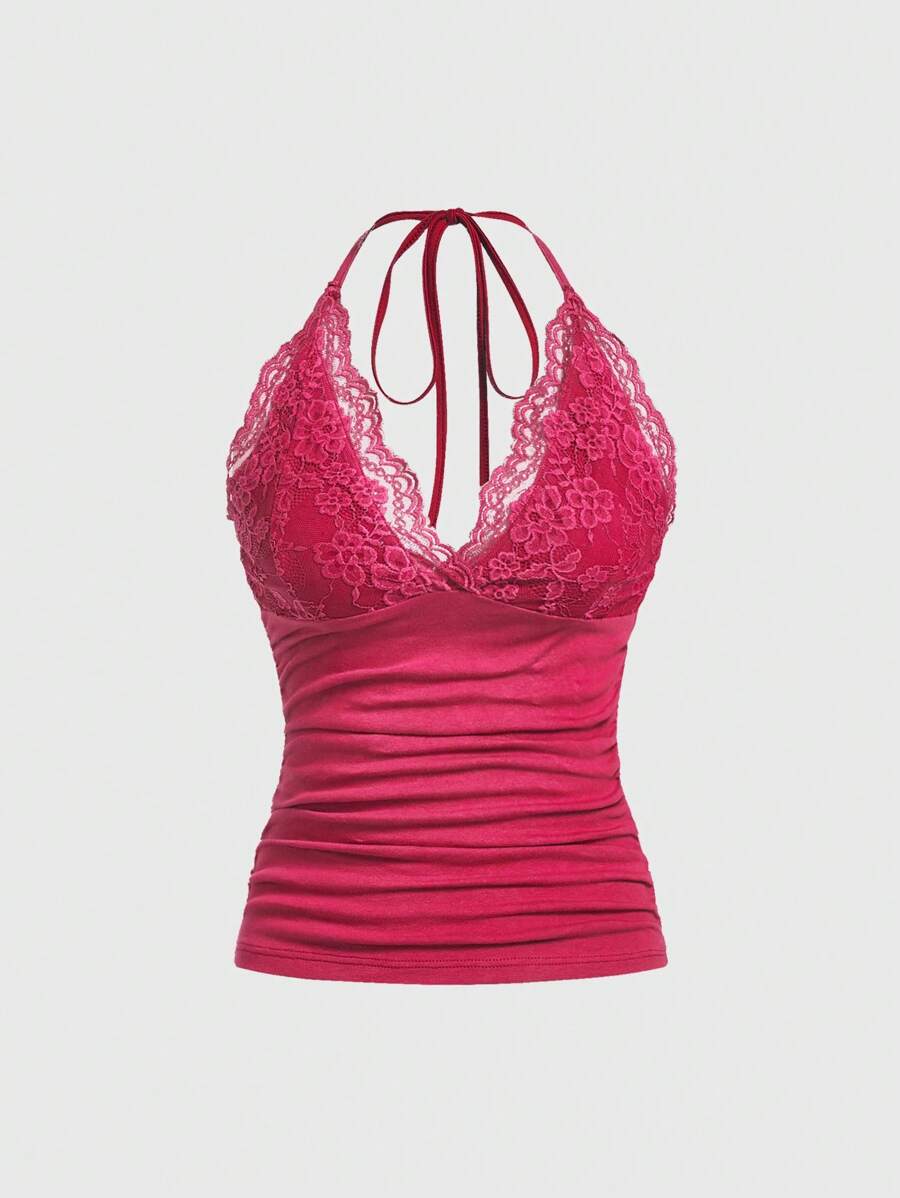ROMWE PUNK Contrast Lace Ruched Halter Top