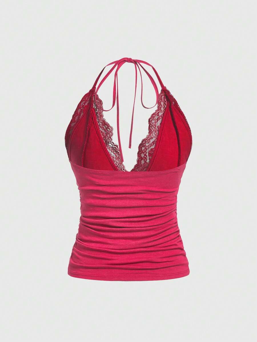 ROMWE PUNK Contrast Lace Ruched Halter Top