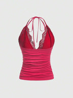 ROMWE PUNK Contrast Lace Ruched Halter Top