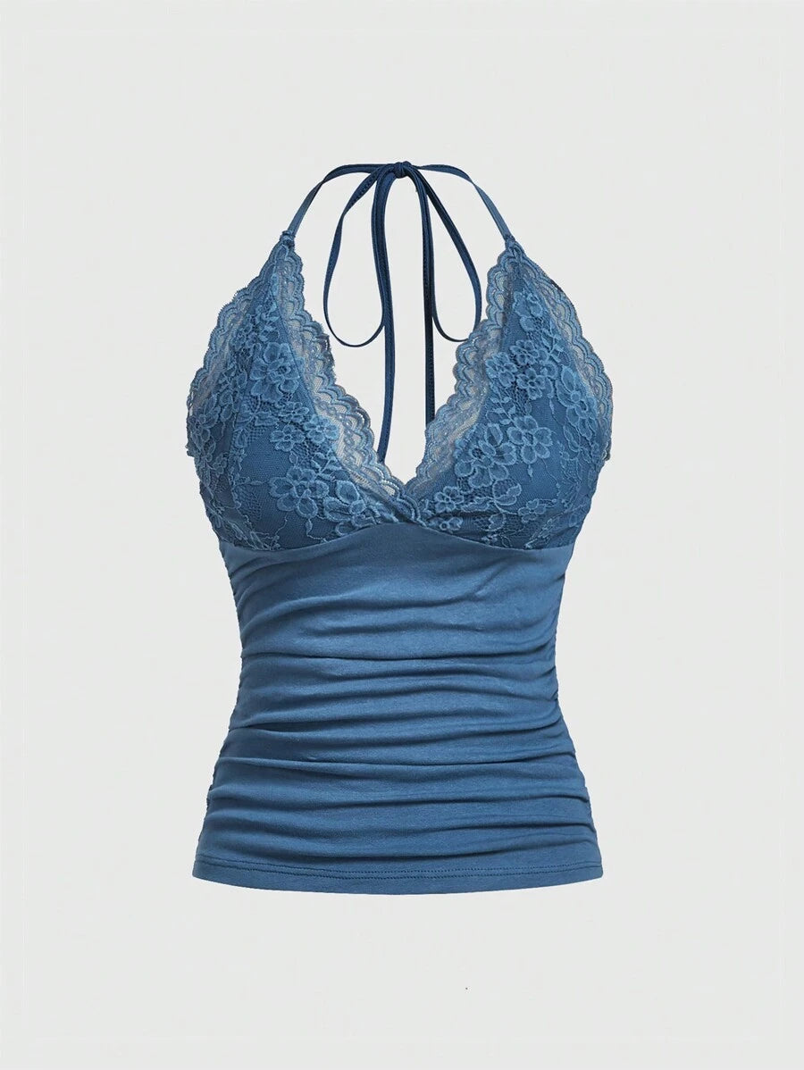 ROMWE PUNK Contrast Lace Ruched Halter Top
