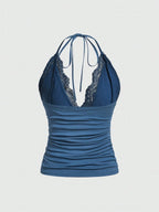ROMWE PUNK Contrast Lace Ruched Halter Top