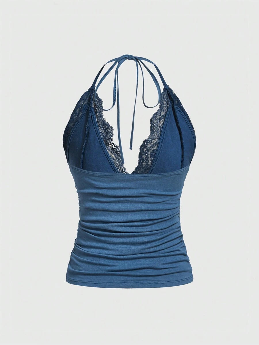 ROMWE PUNK Contrast Lace Ruched Halter Top