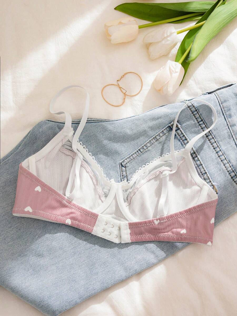 PetitDoll Women Heart-Shaped Print Color Block Bra, Kawaii
