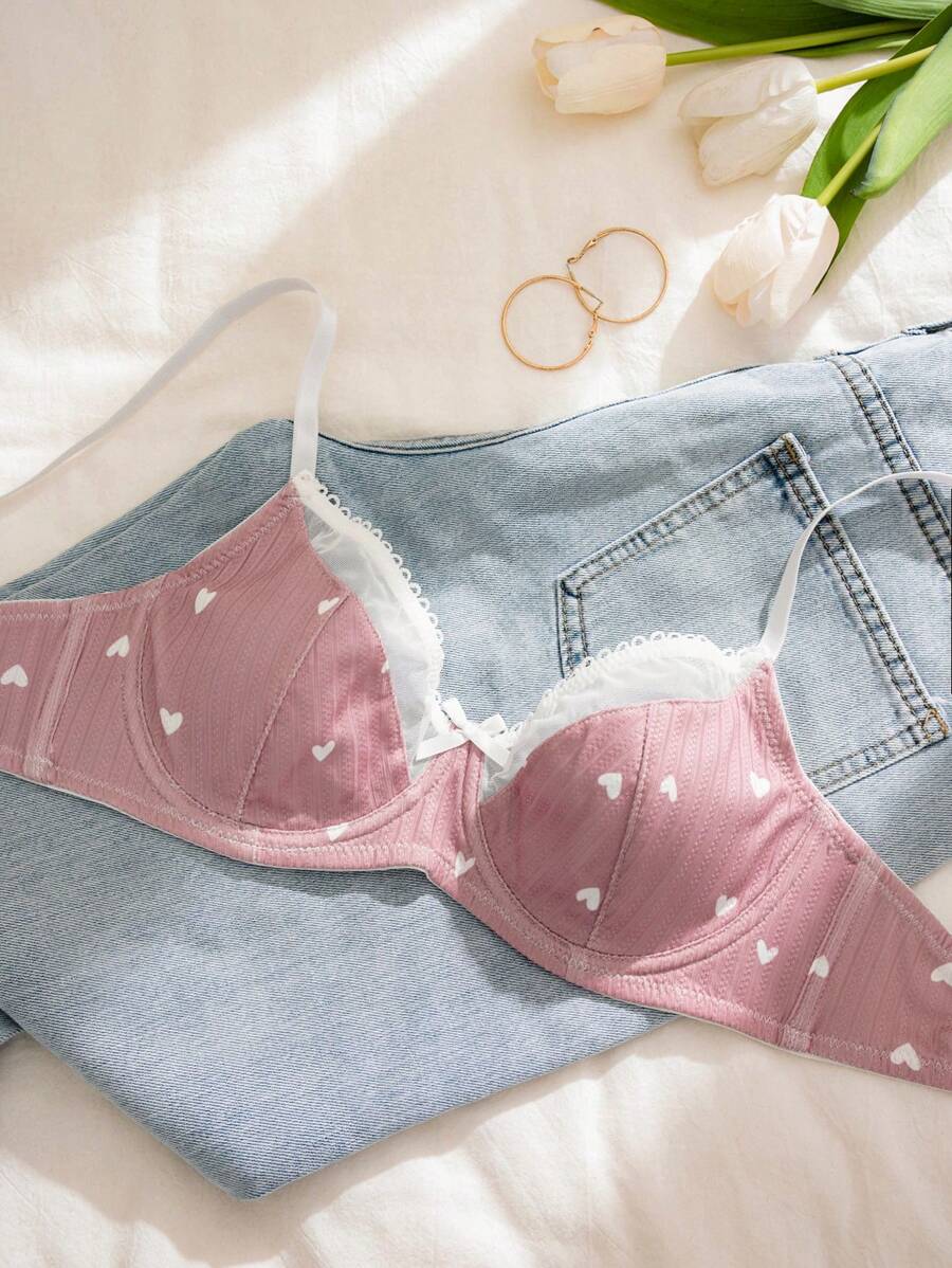 PetitDoll Women Heart-Shaped Print Color Block Bra, Kawaii
