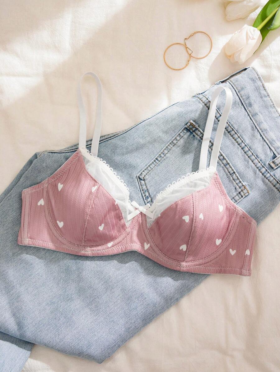 PetitDoll Women Heart-Shaped Print Color Block Bra, Kawaii