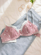 PetitDoll Women Heart-Shaped Print Color Block Bra, Kawaii