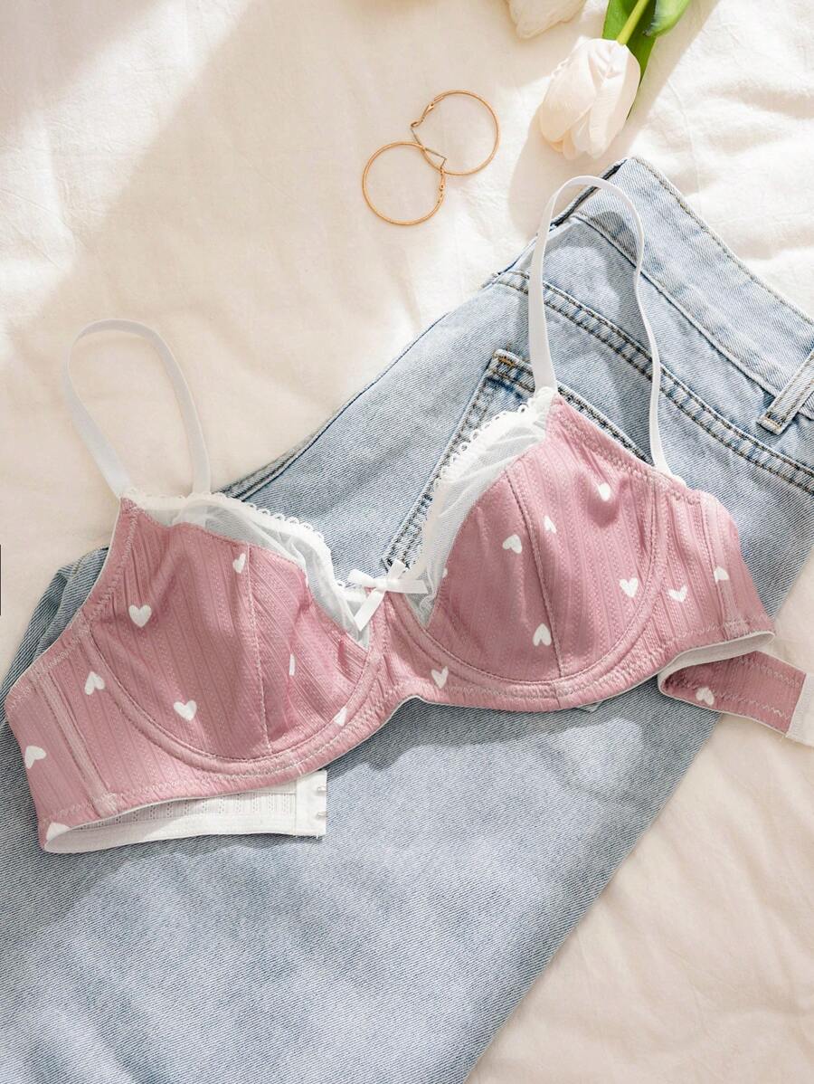 PetitDoll Women Heart-Shaped Print Color Block Bra, Kawaii