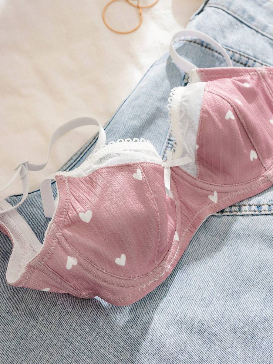 PetitDoll Women Heart-Shaped Print Color Block Bra, Kawaii