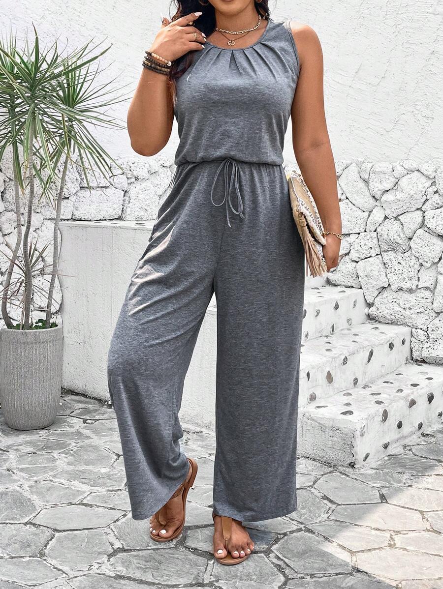 EMERY ROSE Plus Size Women's Solid Color Simple Sleeveless Jumpsuit For Daily Wear