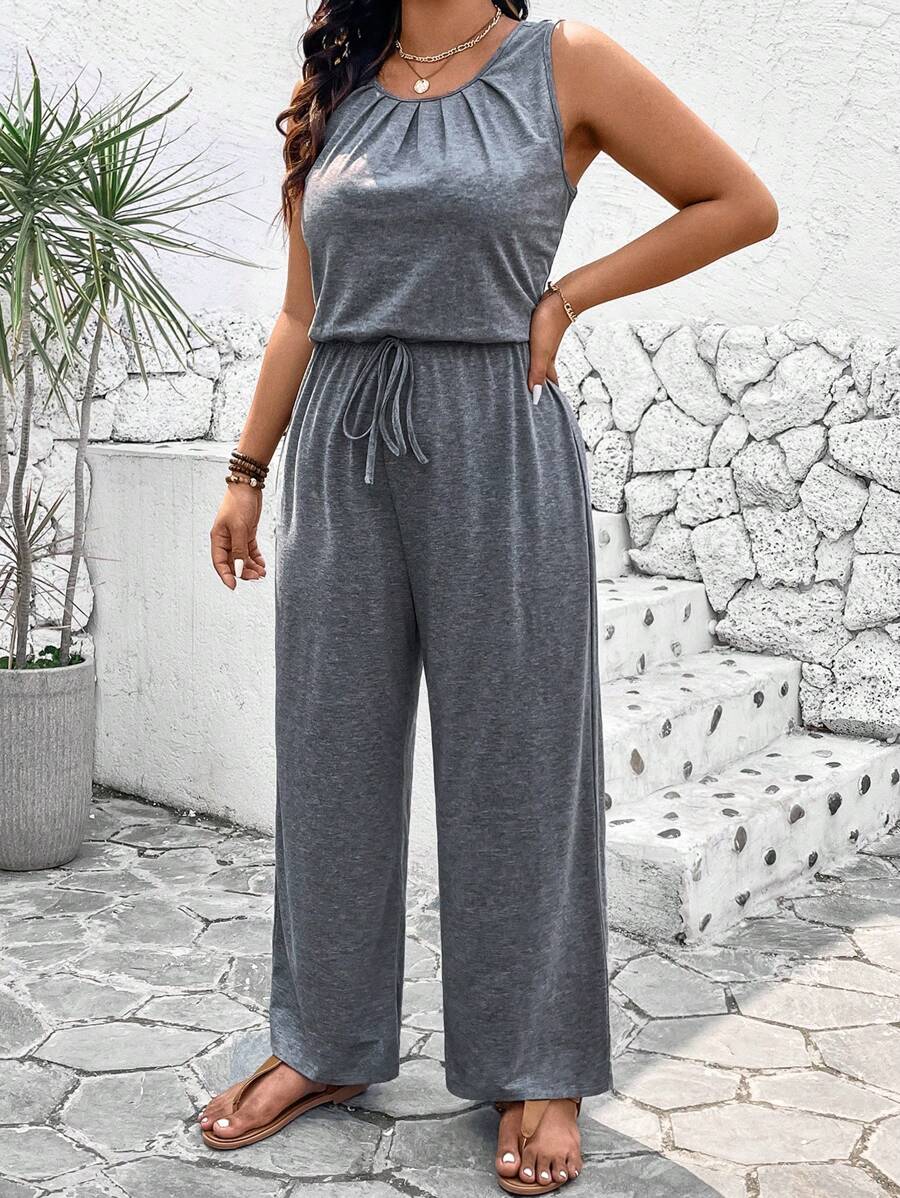 EMERY ROSE Plus Size Women's Solid Color Simple Sleeveless Jumpsuit For Daily Wear