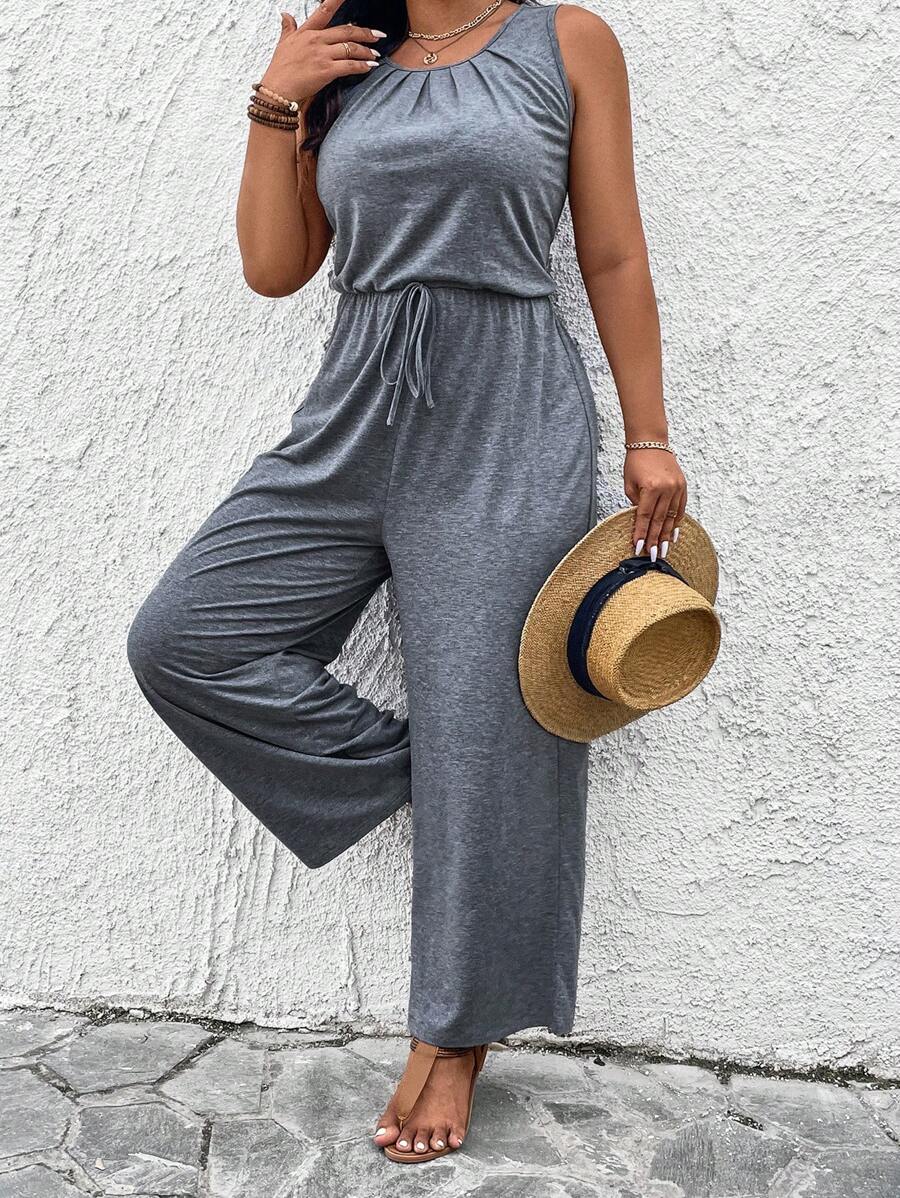 EMERY ROSE Plus Size Women's Solid Color Simple Sleeveless Jumpsuit For Daily Wear