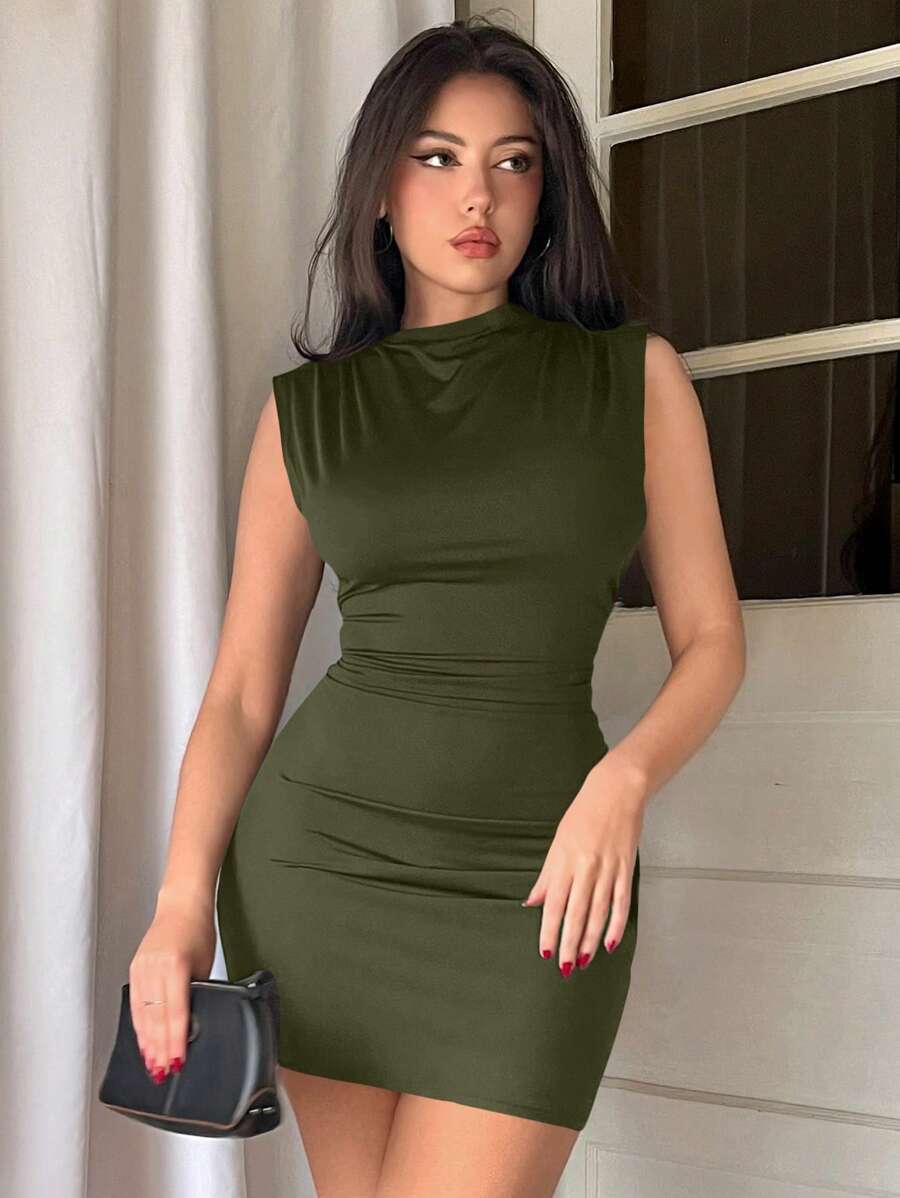Firerie Solid Color Pleated Bodycon Sleeveless Dress,Summer Dresses For Women Black Bodycon Dress Summer Dresses For Women Carnival Outfit Carnival Dress Black Dress Valentines Day Dress Going Out Outfits