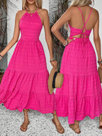 Breezaya Summer Holiday Solid Color Textured Backless Dress For New Year Clothes Maxi Vacation Beach Outfits Women