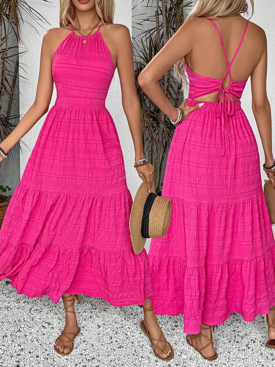 Breezaya Summer Holiday Solid Color Textured Backless Dress For New Year Clothes Maxi Vacation Beach Outfits Women