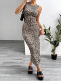 SHEIN EZwear Leopard Print Knitted Sleeveless Bodycon Dress For Women,Summer Dresses For Women