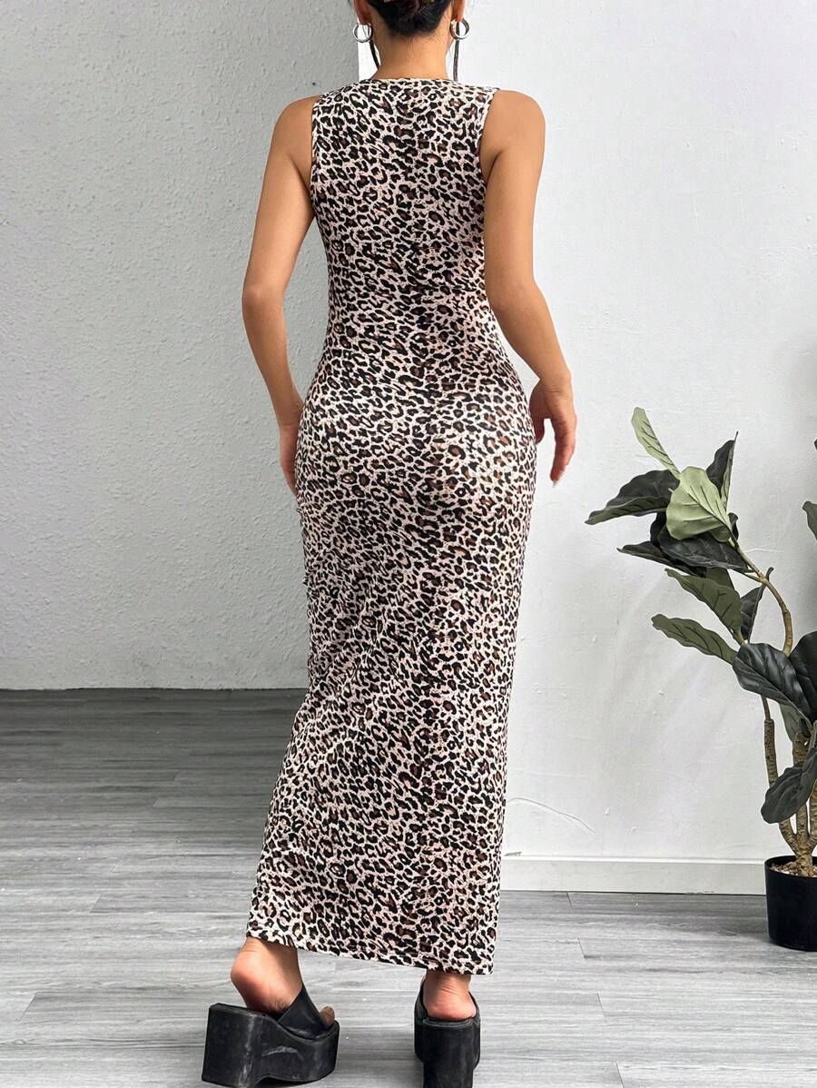 SHEIN EZwear Leopard Print Knitted Sleeveless Bodycon Dress For Women,Summer Dresses For Women
