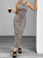 SHEIN EZwear Leopard Print Knitted Sleeveless Bodycon Dress For Women,Summer Dresses For Women