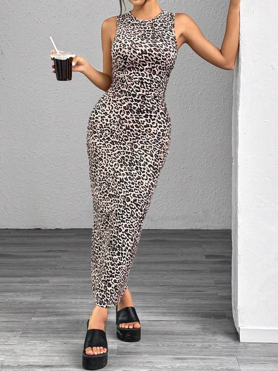 SHEIN EZwear Leopard Print Knitted Sleeveless Bodycon Dress For Women,Summer Dresses For Women