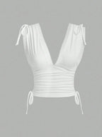 Sweetra Women's Summer Solid Color Ruched Shoulder Strap Casual Tank Top Y2K Outfit 