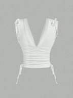 Sweetra Women's Summer Solid Color Ruched Shoulder Strap Casual Tank Top Y2K Outfit 