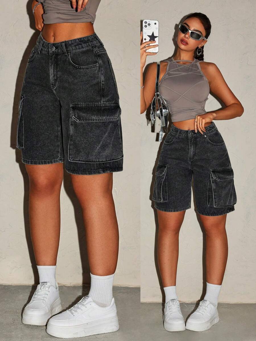 SHEIN ICON Women's Summer Casual Washed Denim Shorts