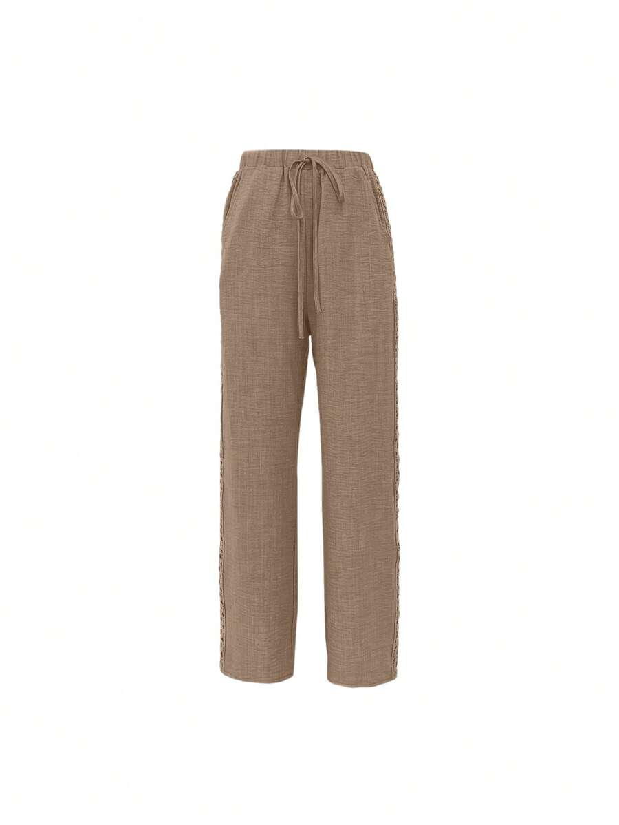 EMERY ROSE Women's Denim Effect Linen Blend Pants With Lace Hem Fall Cloth For Women