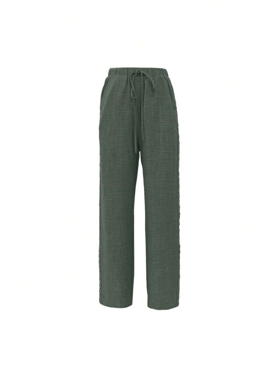 EMERY ROSE Women's Denim Effect Linen Blend Pants With Lace Hem Fall Cloth For Women