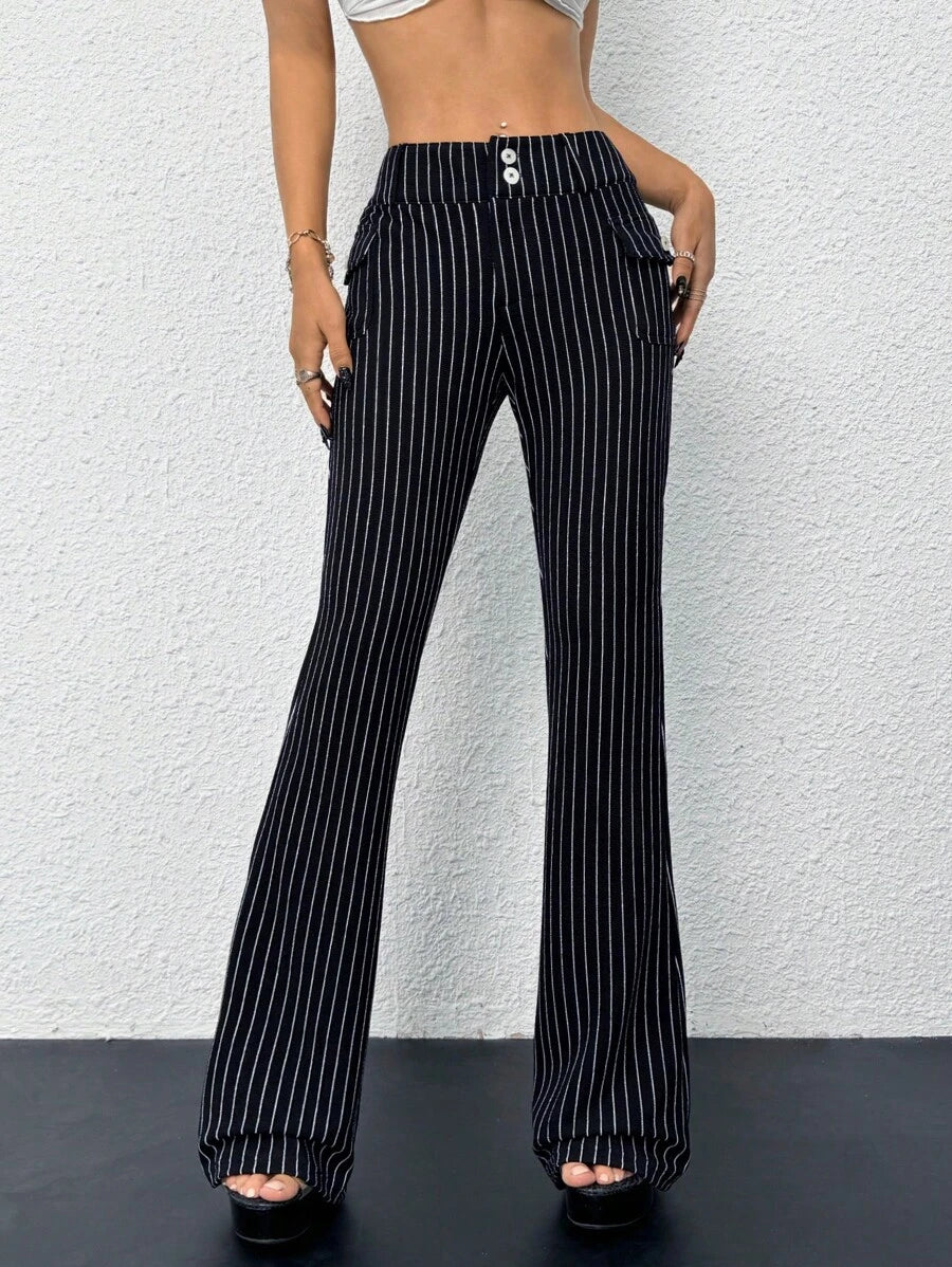 SHEIN ICON Low-Waist Slim-Fit Striped Flare Pants With Attached Pocket, Black And White