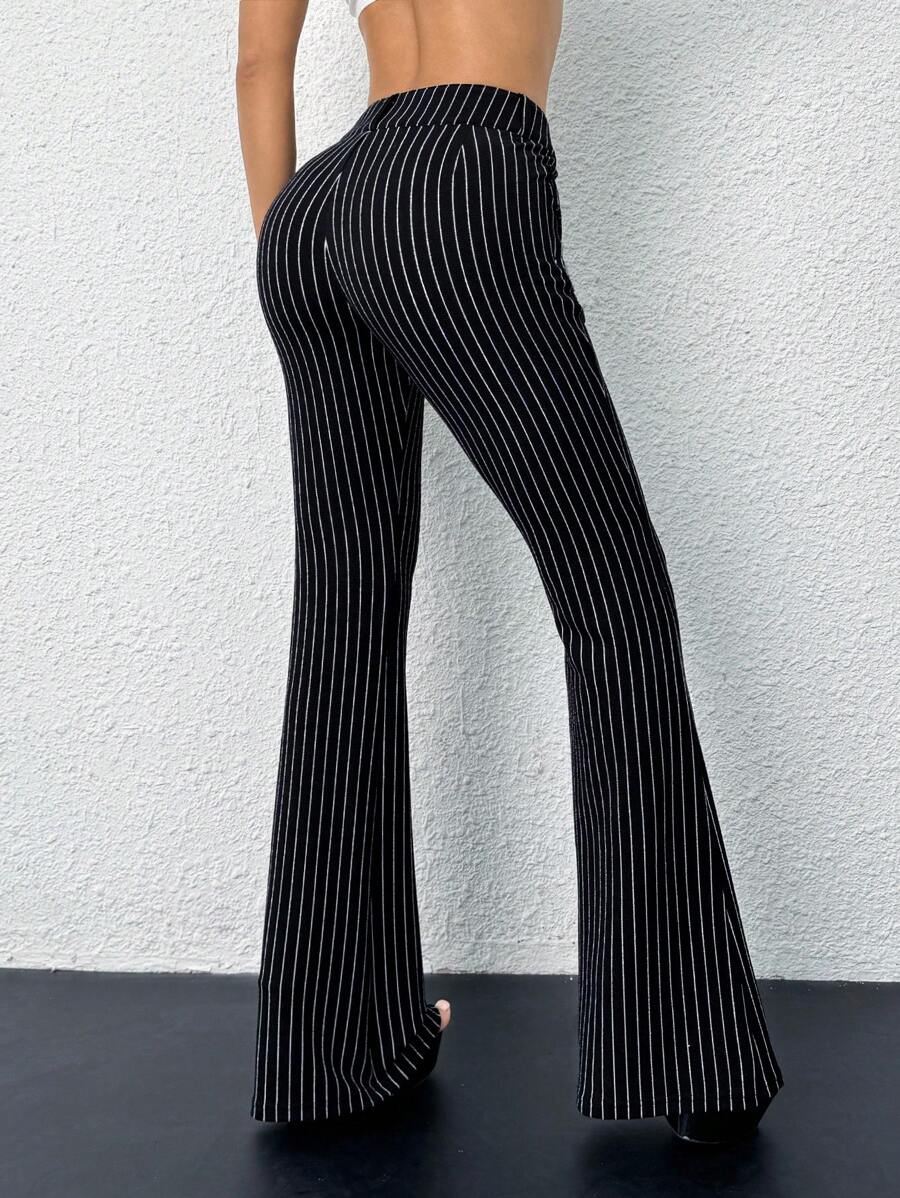 SHEIN ICON Low-Waist Slim-Fit Striped Flare Pants With Attached Pocket, Black And White