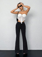SHEIN ICON Low-Waist Slim-Fit Striped Flare Pants With Attached Pocket, Black And White