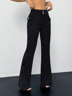 SHEIN ICON Low-Waist Slim-Fit Striped Flare Pants With Attached Pocket, Black And White