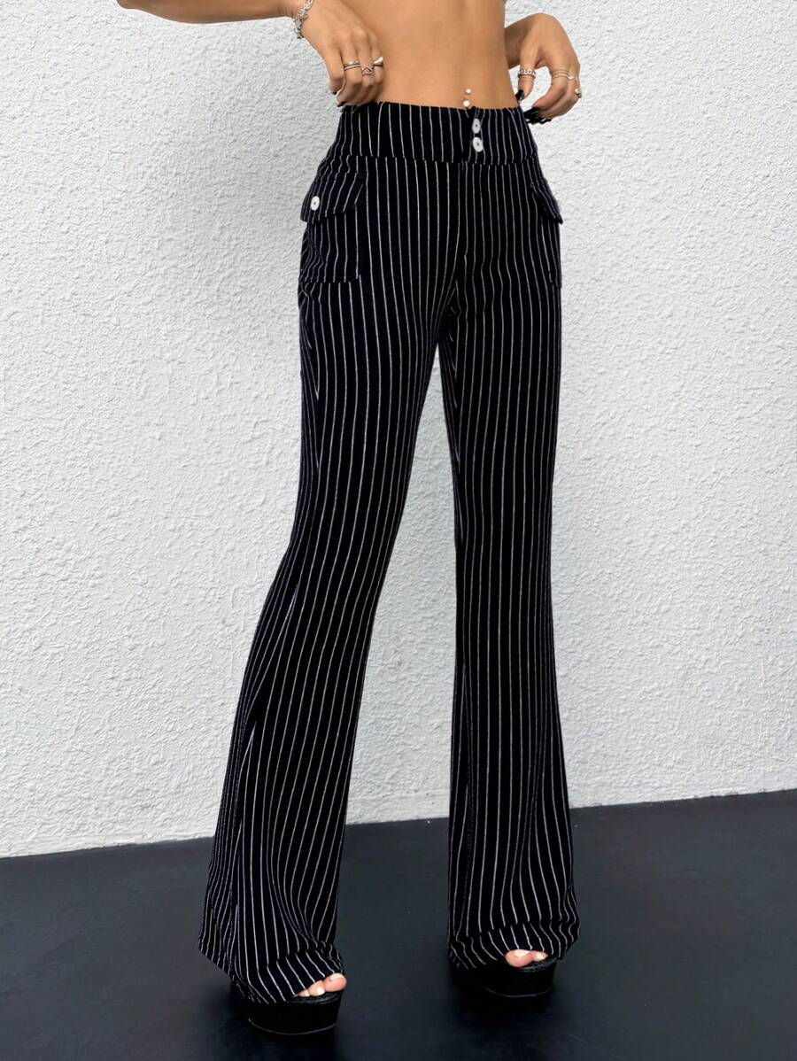 SHEIN ICON Low-Waist Slim-Fit Striped Flare Pants With Attached Pocket, Black And White