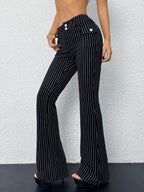 SHEIN ICON Low-Waist Slim-Fit Striped Flare Pants With Attached Pocket, Black And White