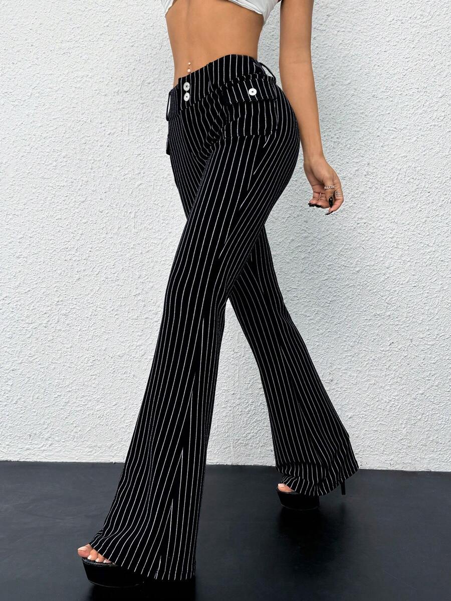 SHEIN ICON Low-Waist Slim-Fit Striped Flare Pants With Attached Pocket, Black And White