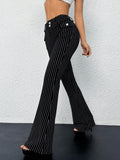 SHEIN ICON Low-Waist Slim-Fit Striped Flare Pants With Attached Pocket, Black And White