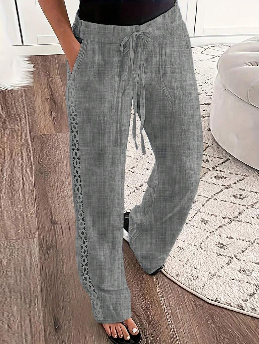 EMERY ROSE Women's Denim Effect Linen Blend Pants With Lace Hem Fall Cloth For Women
