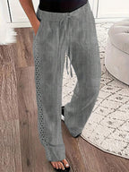 EMERY ROSE Women's Denim Effect Linen Blend Pants With Lace Hem Fall Cloth For Women