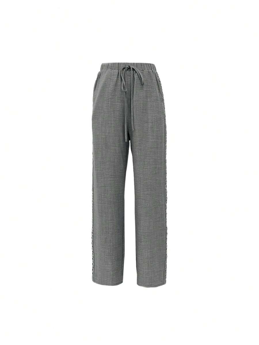 EMERY ROSE Women's Denim Effect Linen Blend Pants With Lace Hem Fall Cloth For Women